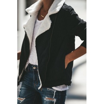 Khaki Fold Over Collar Zipper Plain Jacket Black